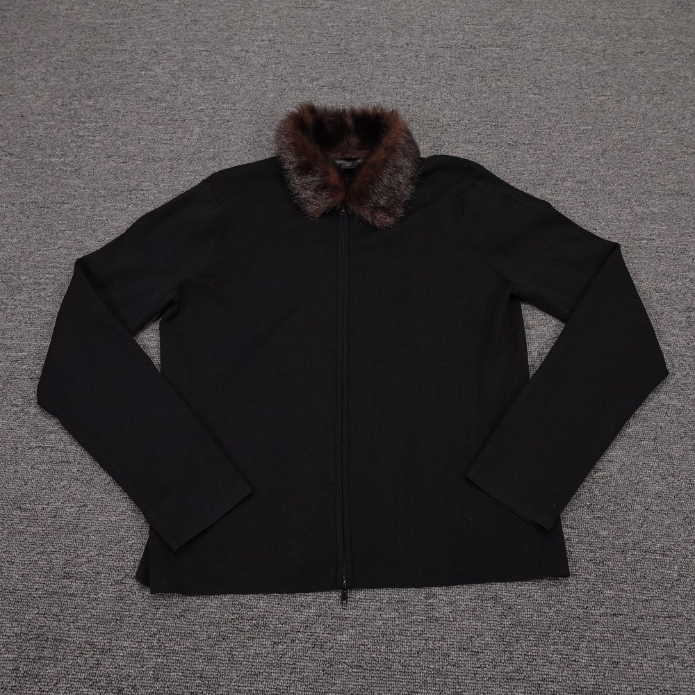 August Silk Sweater Cardigan Womens XL Black Fur Trim Collar Full Zip Knit